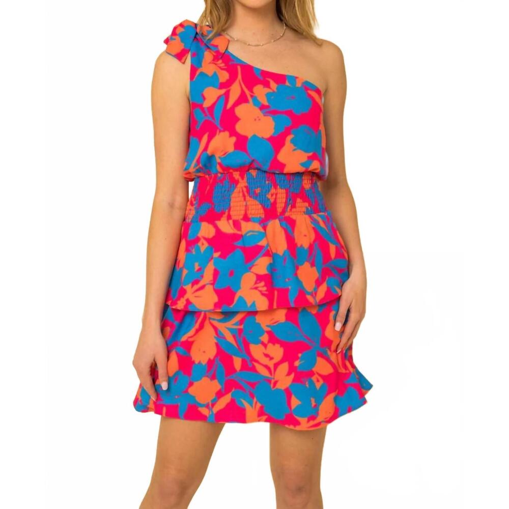 NEW GILLI sleeveless one shoulder smocked floral dress in pink multi